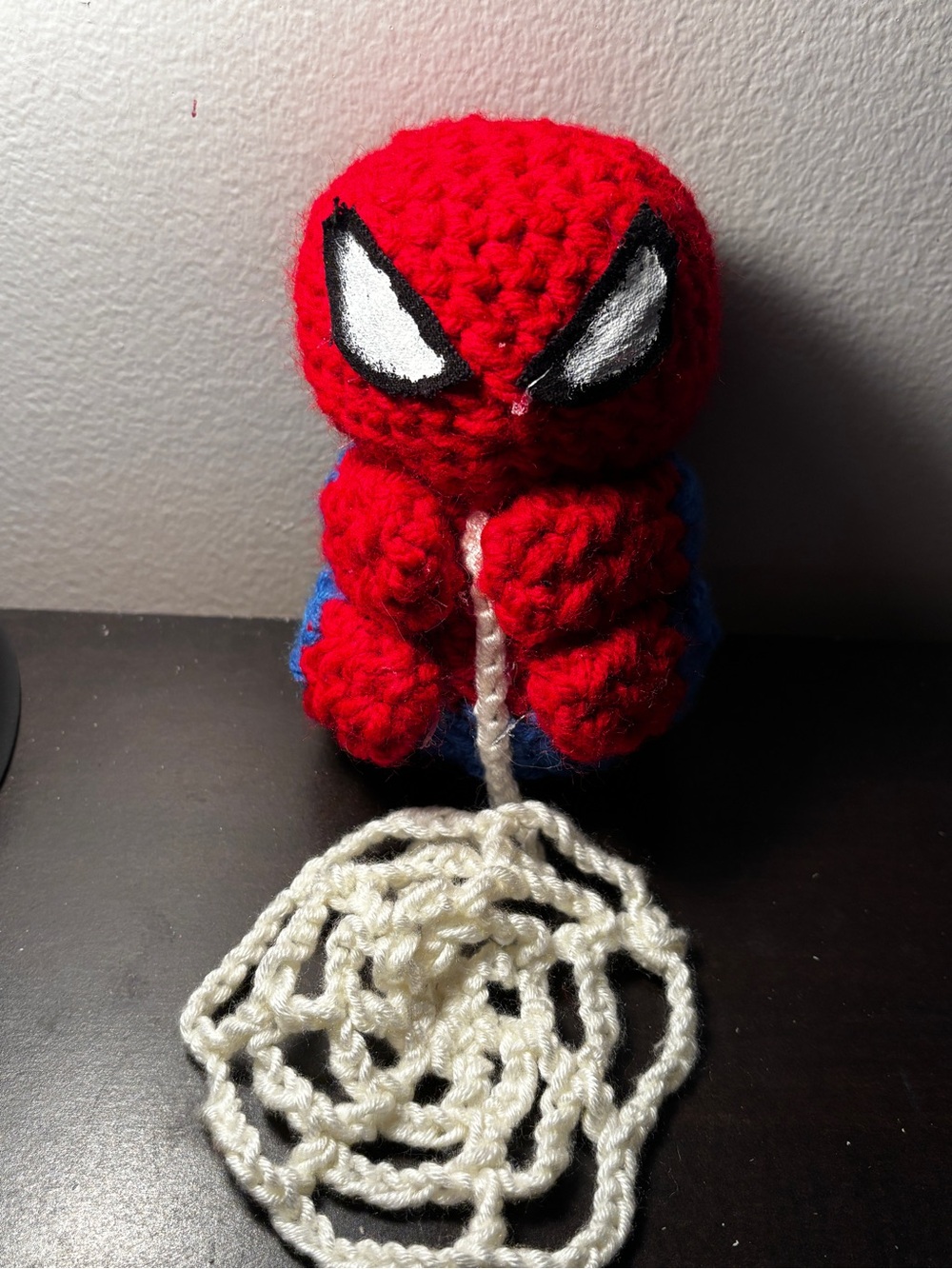 Red Crochet Spider-Themed Plush Toy with White Web